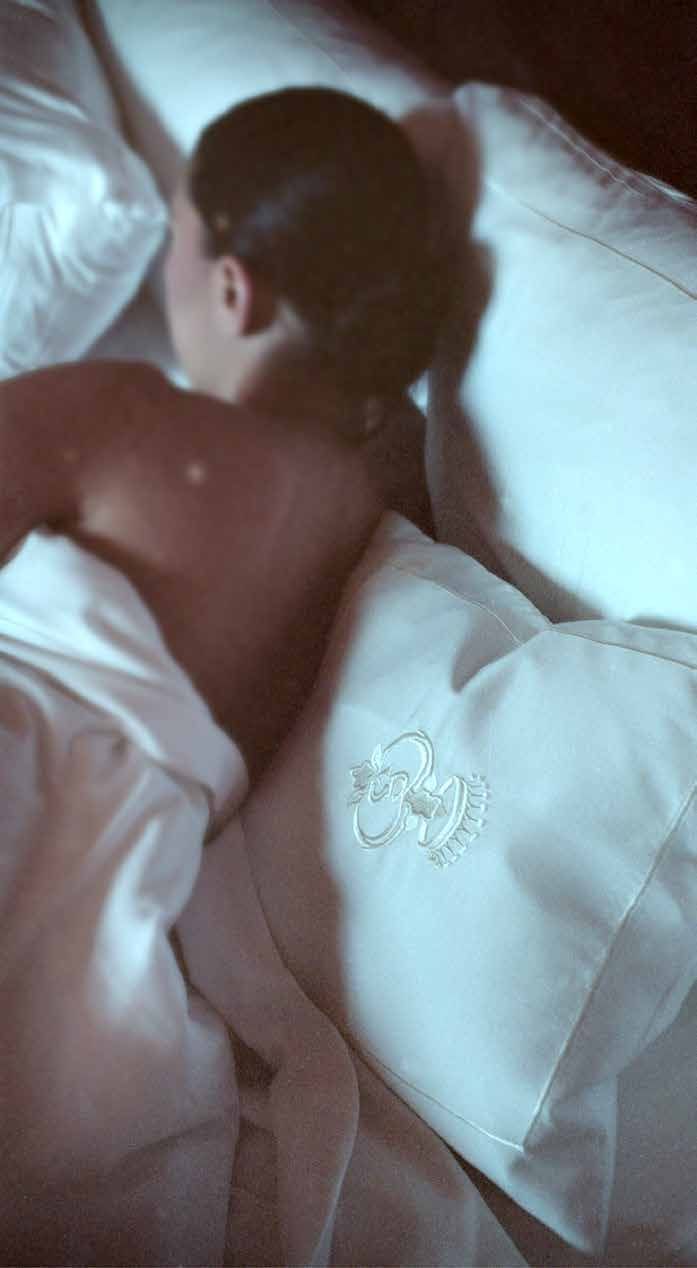 Guest asleep on embroidered pillows