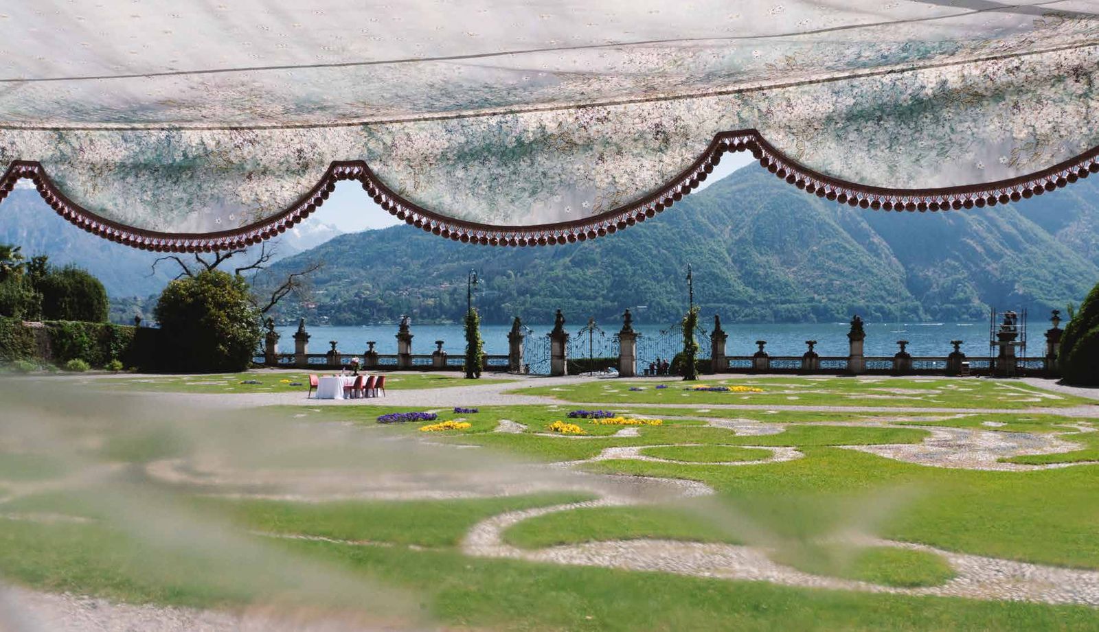 Event set-up in a lakeside Italian garden